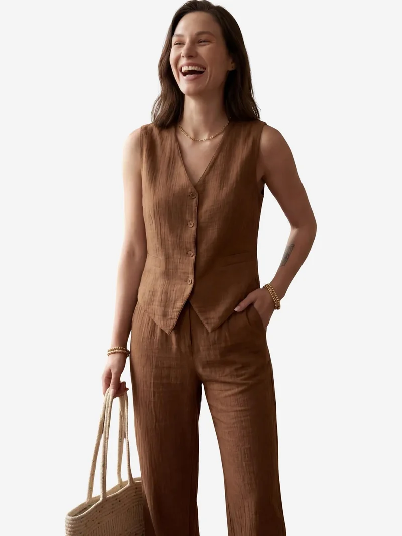 MY FASHION Coffee Brown MY FASHION Textured Cotton V-Neck Vest & Pants Two-Piece Set for Women | Best Price UAE